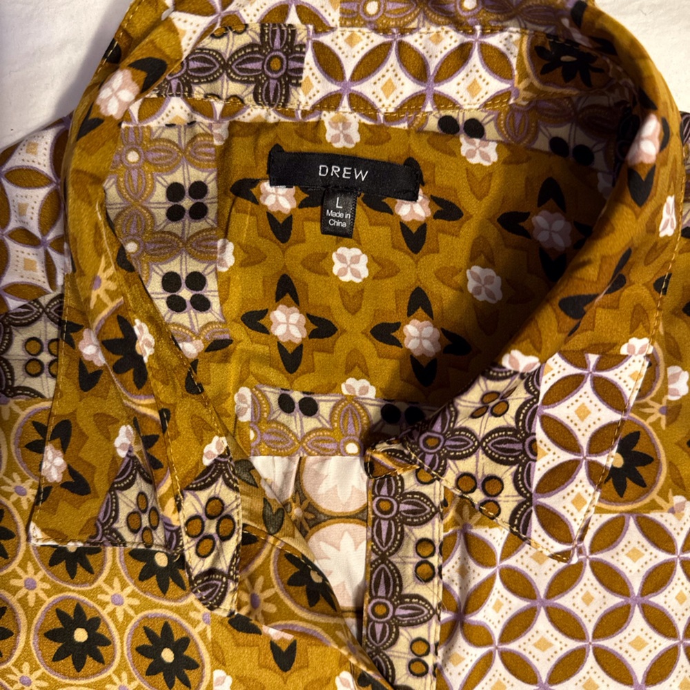 DREW Patchwork Print Gathered Front Button Up Blo… - image 8